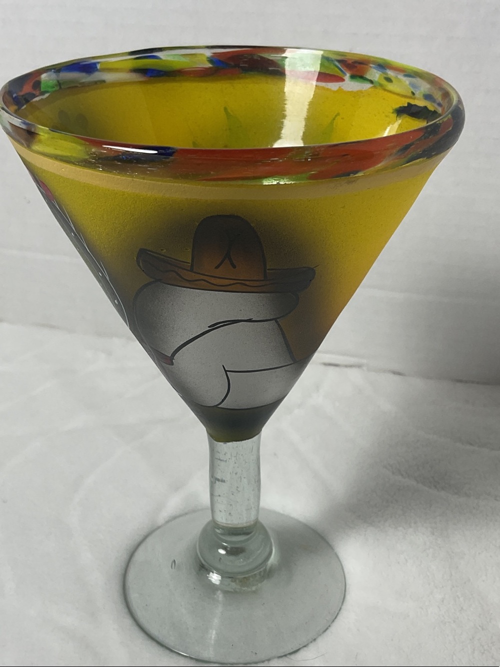 Hand-Blown Yellow Decorative Cocktail Glass with Painted Design
